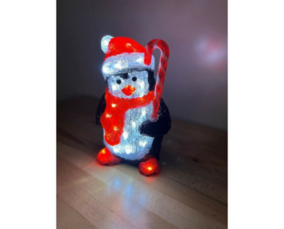 Snowtime 30cm Acrylic Penguin Holding Candy Cane with 30 Ice White LEDs