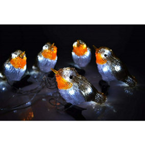 Snowtime 5 Acrylic Robin Lights With 30 Ice White LEDS with Clip-On Function