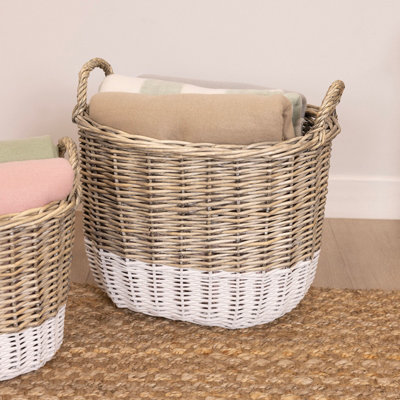 Snug Set Of Two Two Toned Wicker Log Baskets Storage Handmade - 3