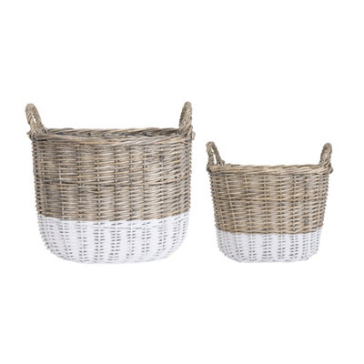 Snug Set Of Two Two Toned Wicker Log Baskets Storage Handmade - 7