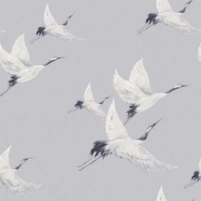 Soaring Cranes Wallpaper In Grey | DIY at B&Q