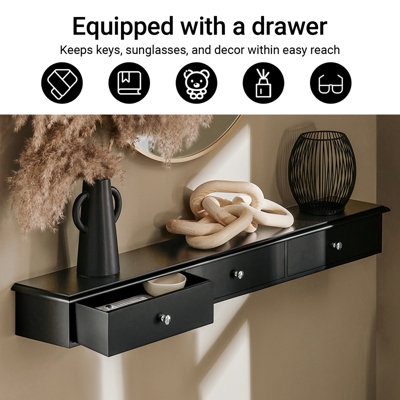 SoBuy FRG43-L-SCH,Floating Shelf Wall Storage Unit with 3 Drawers,Black, W94 x D15 x H10cm
