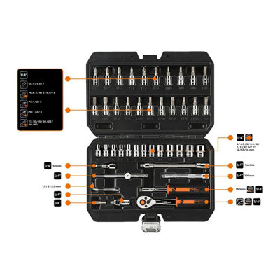 Socket Set 1/4" 46pc Set NEO TOOLS