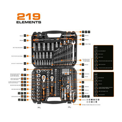 Socket Set 219pc Set 1/2" 3/8" 1/4" Crv NEO TOOLS