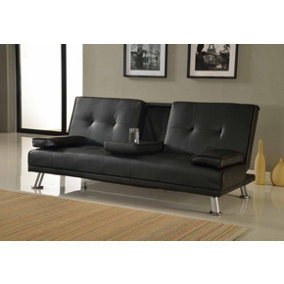 Sofa Bed Faux Leather Cupholder 3 Seater Chrome Legs, Black