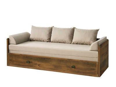 Sofa Bed Fold Out Storage Beige Fabric Oak finish & Metal Detail 3 Seater Indiana Rustic
