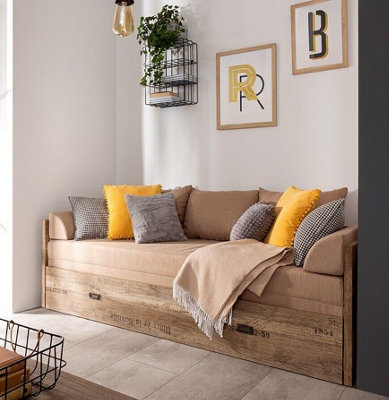 Sofa Bed Fold Out Storage Beige Seat Oak finish Metal Handle Rustic