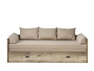 Sofa Bed Fold Out Storage Beige Seat Oak finish Metal Handle Rustic Loft Malcolm