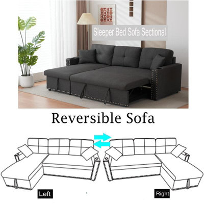 Sofabed 3 Seater Reversible Sectional Sofa Sleeper Set with Storage Chaise Built in Cupholder Dark Grey