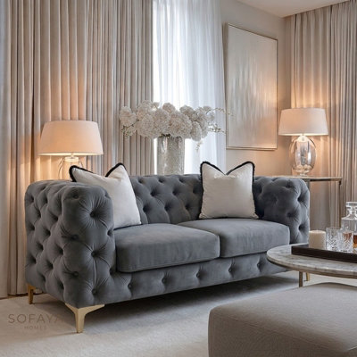 SOFAYA MONACO CHESTERFIELD GREY VELVET SOFA SET - 1,2,3 SEATER & 3+2 ...