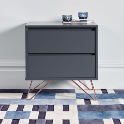 Sofia 2 Drawer Steel Grey Bedside Table With Pink Copper Feet