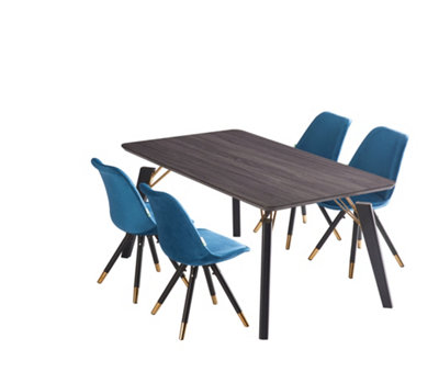 Sofia Cosmo Black LUX Dining Set with 4 Blue Velvet Chairs