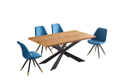 Sofia Duke Oak LUX Dining Set with 4 Blue Velvet Chairs