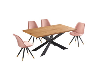 Sofia Duke Oak LUX Dining Set with 4 Pink Velvet Chairs