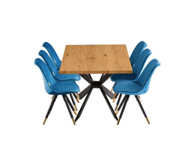 Sofia Duke Oak LUX Dining Set with 6 Blue Velvet Chairs