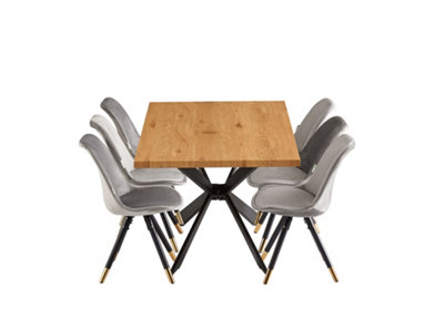 Sofia Duke Oak LUX Dining Set with 6 Dark Grey Velvet Chairs