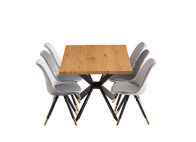 Sofia Duke Oak LUX Dining Set with 6 Light Grey Velvet Chairs