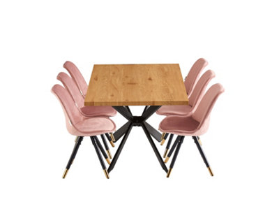 Sofia Duke Oak LUX Dining Set with 6 Pink Velvet Chairs