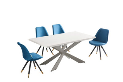 Sofia Duke White LUX Dining Set with 4 Blue Velvet Chairs