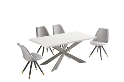 Sofia Duke White LUX Dining Set with 4 Light Grey Velvet Chairs