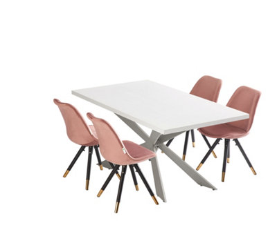 Sofia Duke White LUX Dining Set with 4 Pink Velvet Chairs