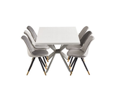 Sofia Duke White LUX Dining Set with 6 Dark Grey Velvet Chairs