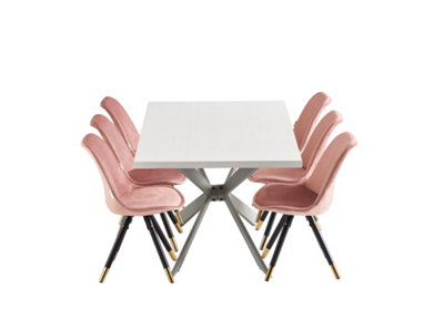 Sofia Duke White LUX Dining Set with 6 Pink Velvet Chairs