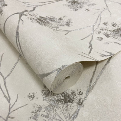 Sofia Grey & Off White Floral Sprig Italian Heavyweight Wallpaper M95673