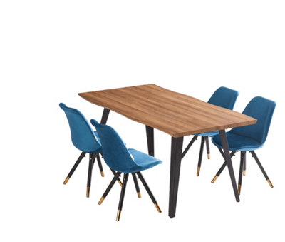 Sofia Rocco Oak LUX Dining Set with 4 Blue Velvet Chairs