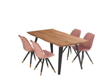 Sofia Rocco Oak LUX Dining Set with 4 Pink Velvet Chairs