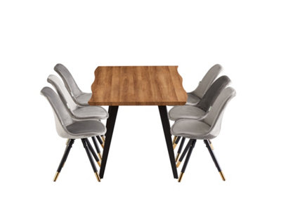 Sofia Rocco Oak LUX Dining Set with 6 Dark Grey Velvet Chairs