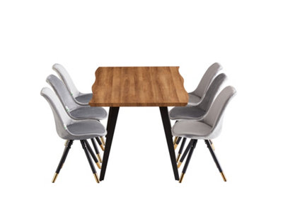Sofia Rocco Oak LUX Dining Set with 6 Light Grey Velvet Chairs