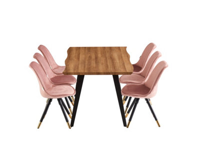 Sofia Rocco Oak LUX Dining Set with 6 Pink Velvet Chairs