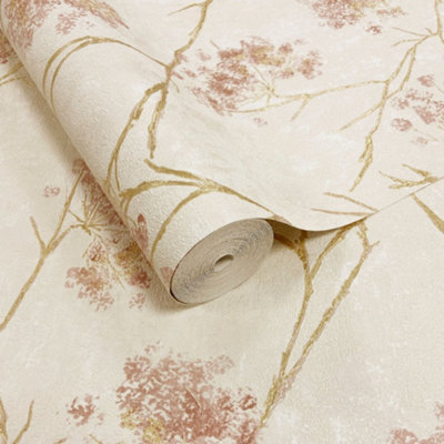 Sofia Soft Pink Gold & Cream Floral Sprig Italian Heavyweight Wallpaper M95670