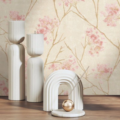 Sofia Soft Pink Gold & Cream Floral Sprig Italian Heavyweight Wallpaper M95670