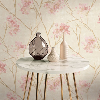 Sofia Soft Pink Gold & Cream Floral Sprig Italian Heavyweight Wallpaper M95670