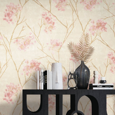 Sofia Soft Pink Gold & Cream Floral Sprig Italian Heavyweight Wallpaper M95670