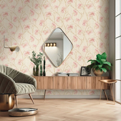 Sofia Soft Pink Gold & Cream Floral Sprig Italian Heavyweight Wallpaper M95670