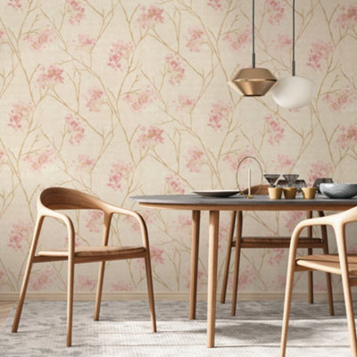 Sofia Soft Pink Gold & Cream Floral Sprig Italian Heavyweight Wallpaper M95670