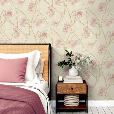 Sofia Soft Pink Gold & Cream Floral Sprig Italian Heavyweight Wallpaper M95670