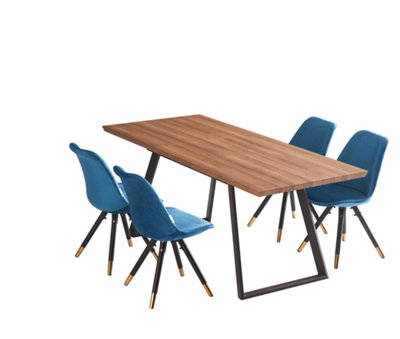 Sofia Toga Brown LUX Dining Set with 4 Blue Velvet Chairs