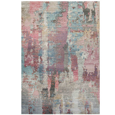 Soft Abstract Distressed Pastel Pink and Blue Fireside Living Area Rug 190cm x280cm