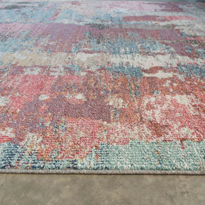 Soft Abstract Distressed Pastel Pink and Blue Fireside Living Area Rug 190cm x280cm