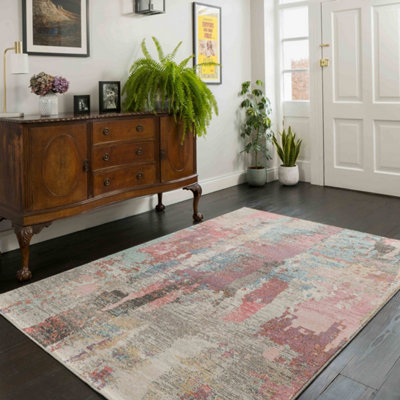 Soft Abstract Distressed Pastel Pink and Blue Fireside Living Area Rug 190cm x280cm