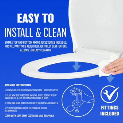 Soft Close White Toilet Seat - Luxury Bathroom Slow Seats Wc Heavy Duty D Shaped Easy to Install Fittings Included Home - 3