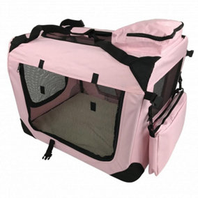 Soft Fabric Pet Crate Portable Travel Mesh Panels Fluffy Bedding & Carry Pouches - Pink - Large