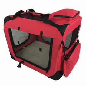 Soft Fabric Pet Crate Portable Travel Mesh Panels Fluffy Bedding & Carry Pouches - Red - Medium