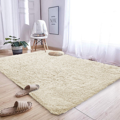 Soft Fluffy Cream Rugs Large Nonslip 160X230 cm Shaggy Area Rug Bedroom ...
