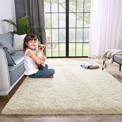 Soft Fluffy Cream Rugs Large Nonslip 160X230 cm Shaggy Area Rug Bedroom ...
