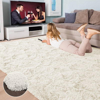 Soft Fluffy Cream Rugs Large Nonslip 160X230 cm Shaggy Area Rug Bedroom ...